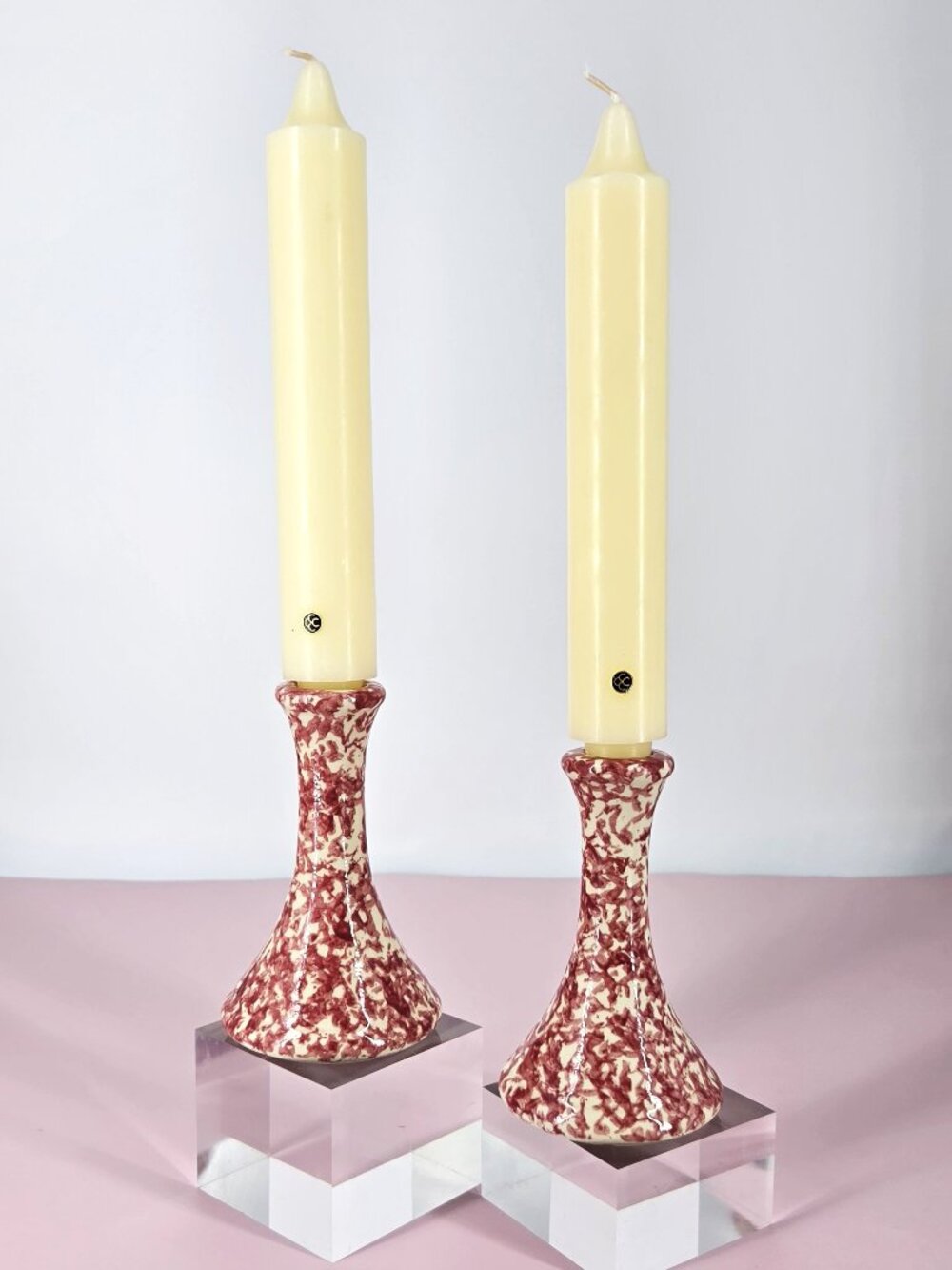 VTG Henn Pottery Country Collection 2 Pink/Cream Bud Vases/Candlesticks Ceramic
